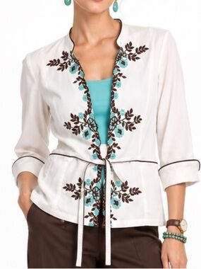 Samuel Dong Floral Embroidered Turquoise & Brown Tie Waist Jacket SZ M